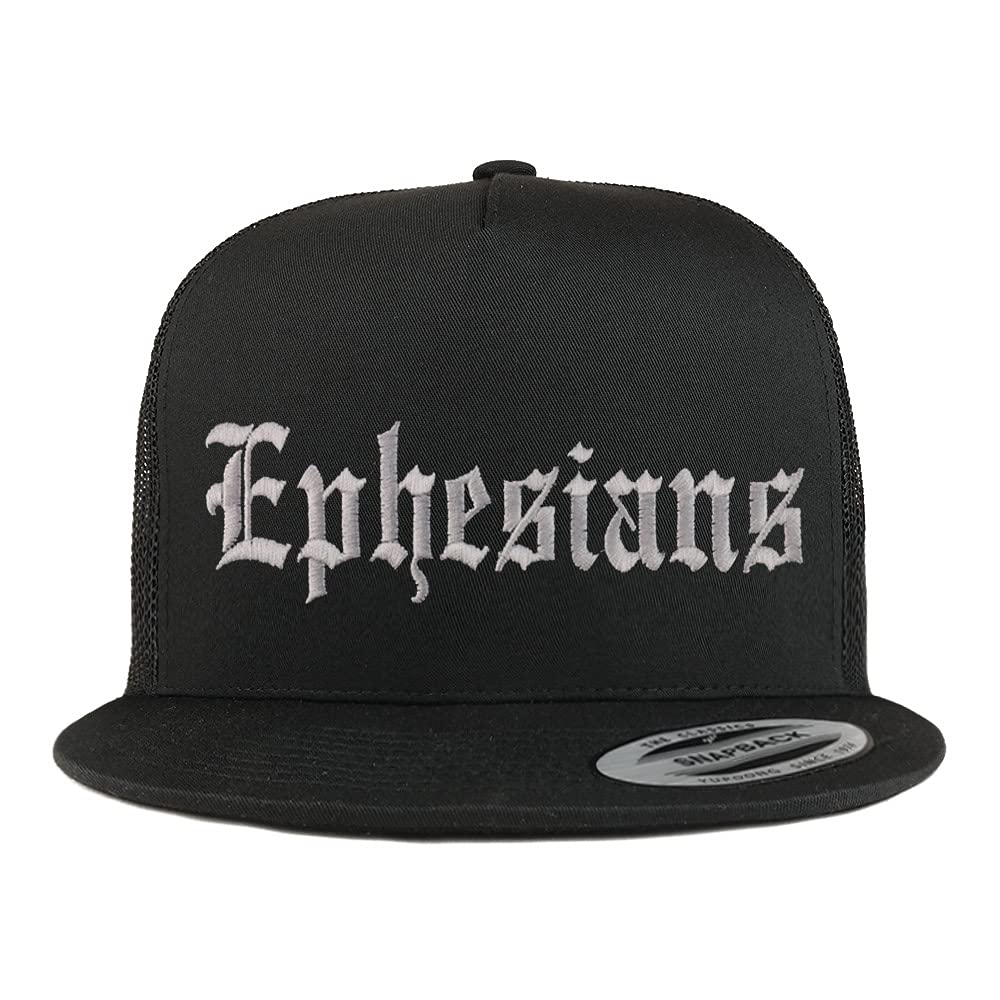 Trendy Apparel Shop Ephesians Old English 5 Panel Flatbill Trucker Cap