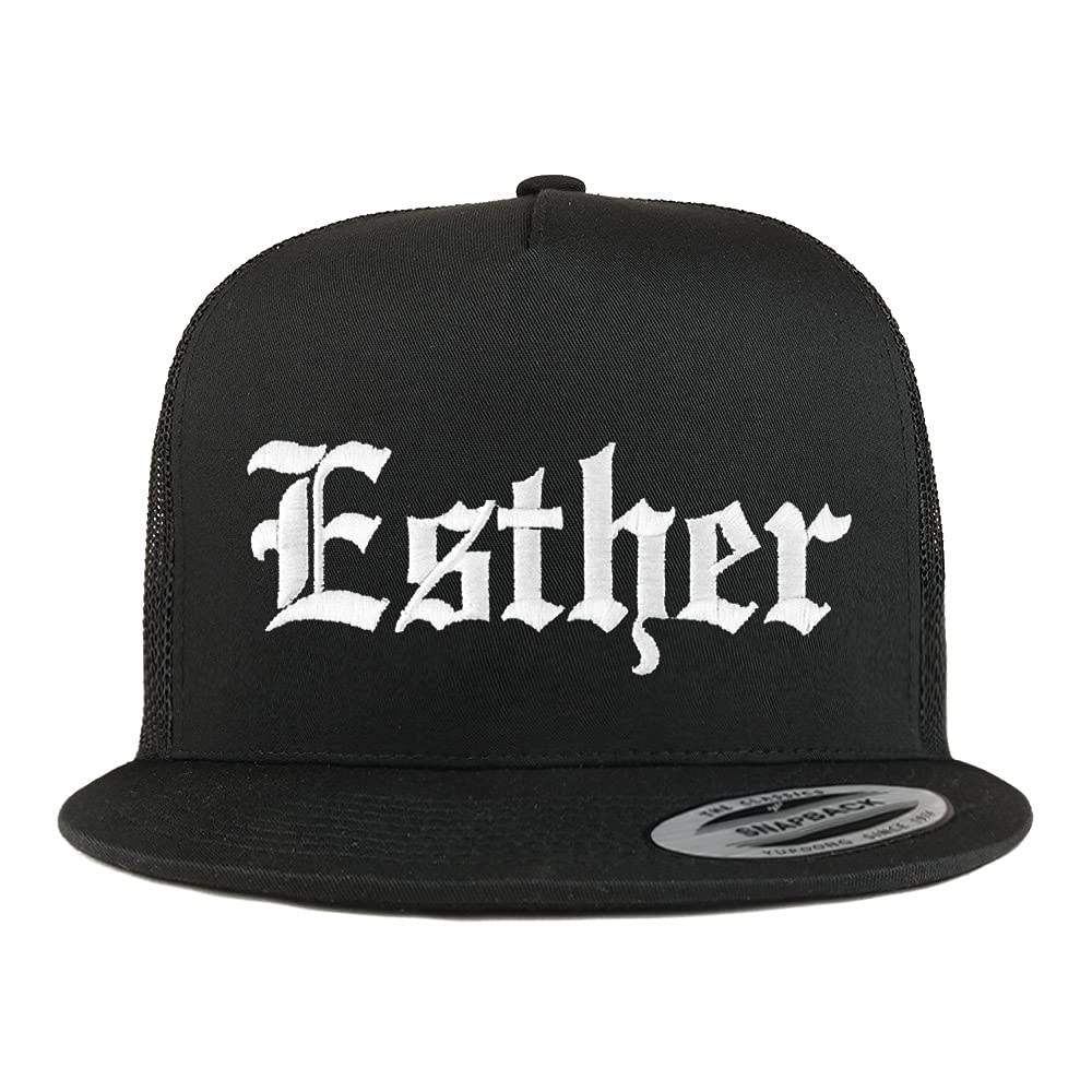 Trendy Apparel Shop Esther Old English 5 Panel Flatbill Trucker Cap