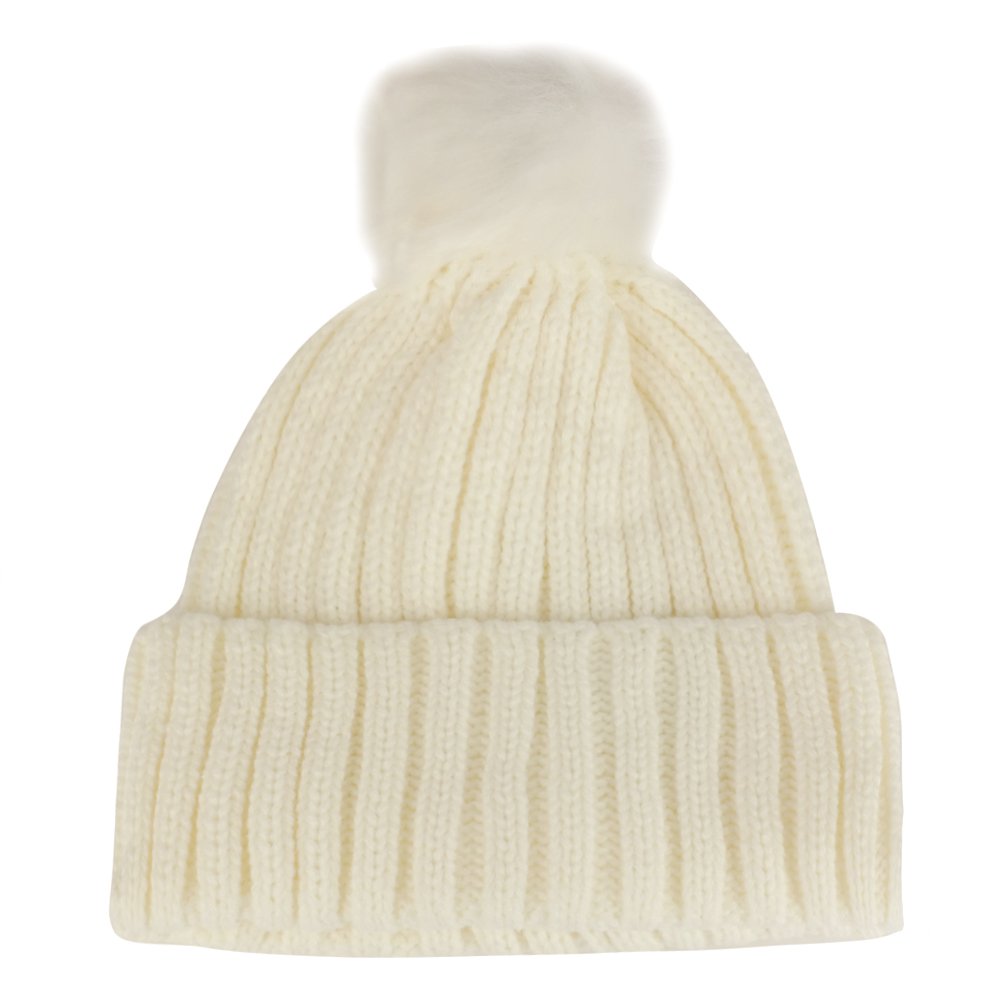 Trendy Apparel Shop Kid's Ribbed Knit Cuff Beanie with Fur Pom Pom