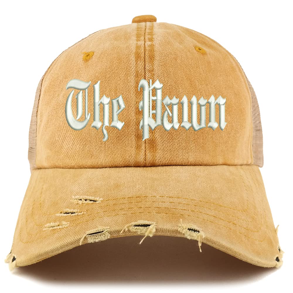 Trendy Apparel Shop The Pawn Old English Embroidered Frayed Bill Trucker Mesh Back Cap