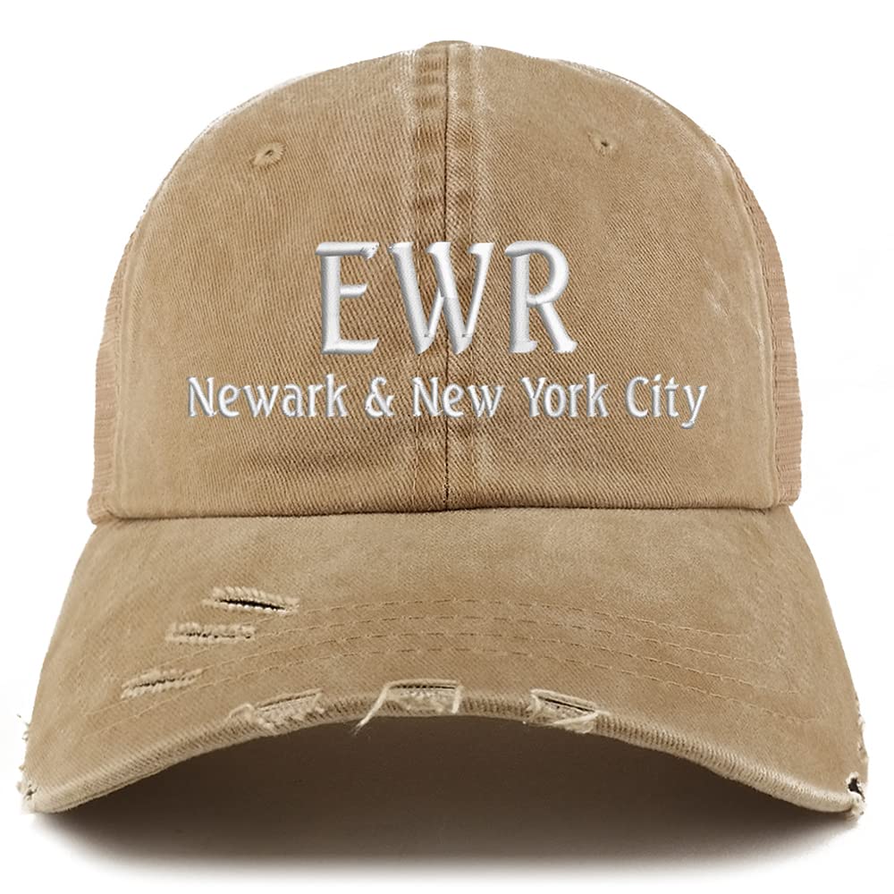 Trendy Apparel Shop EWR Newark and New York City Embroidered Frayed Bill Trucker Mesh Back Cap