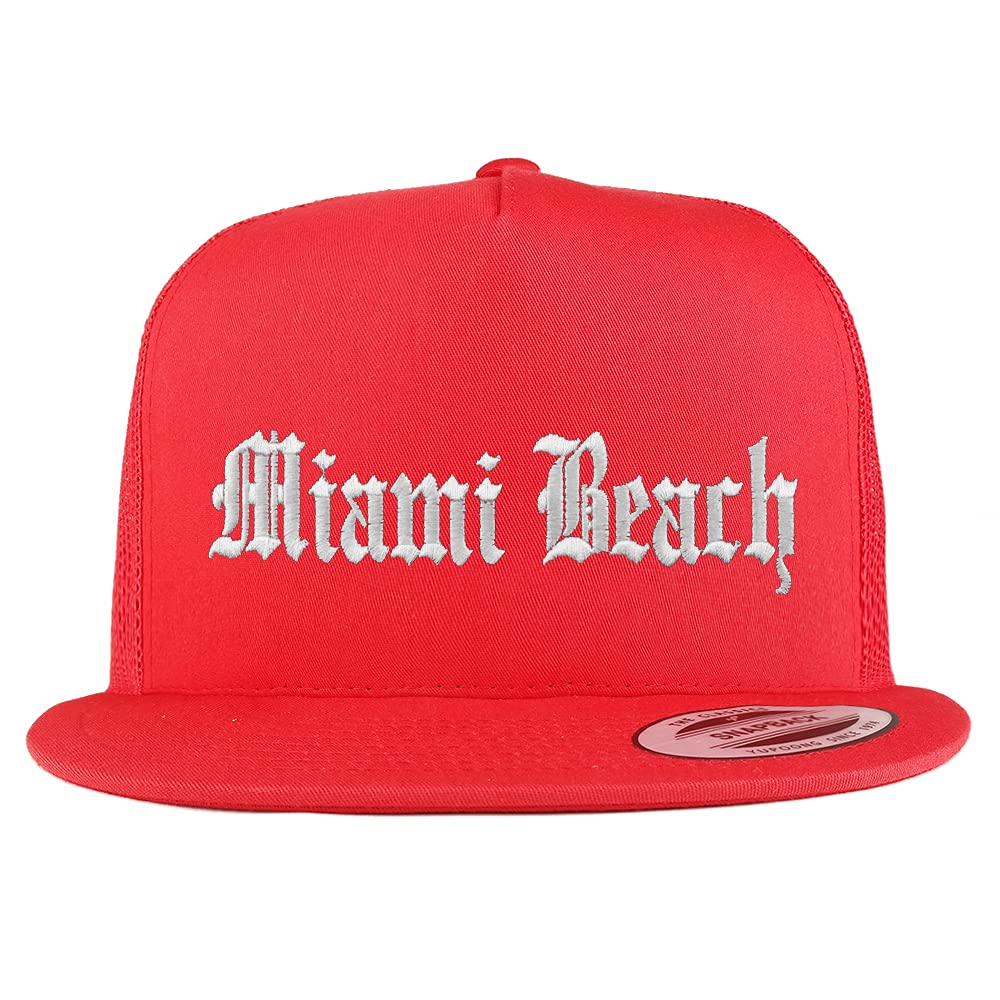 Trendy Apparel Shop Miami Beach Old English 5 Panel Flatbill Trucker Cap