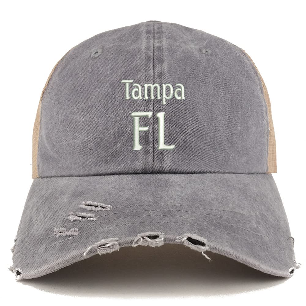 Trendy Apparel Shop Tampa FL Embroidered Frayed Bill Trucker Mesh Back Cap