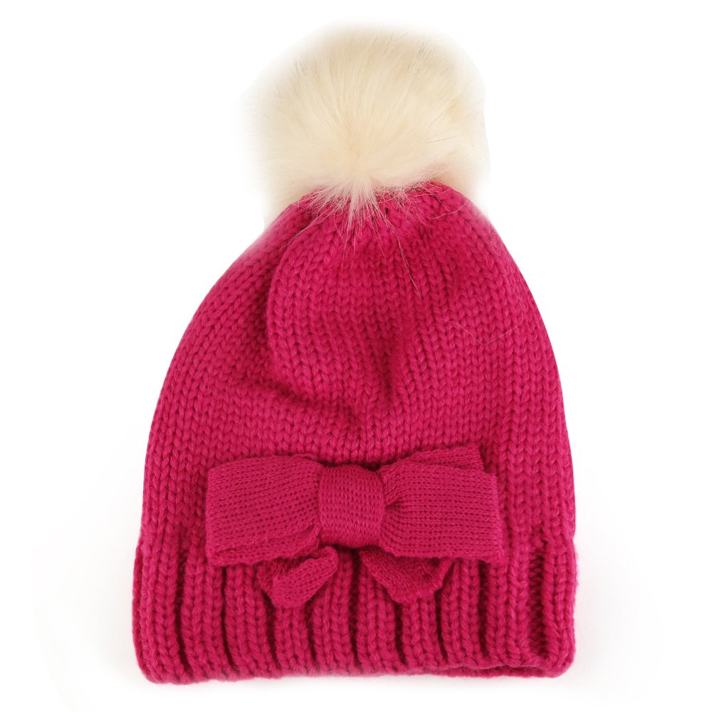 Trendy Apparel Shop Kid's Girl Bow Knit Beanie with Fur Pom Pom