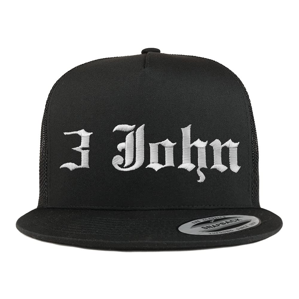 Trendy Apparel Shop 3 John Old English 5 Panel Flatbill Trucker Cap