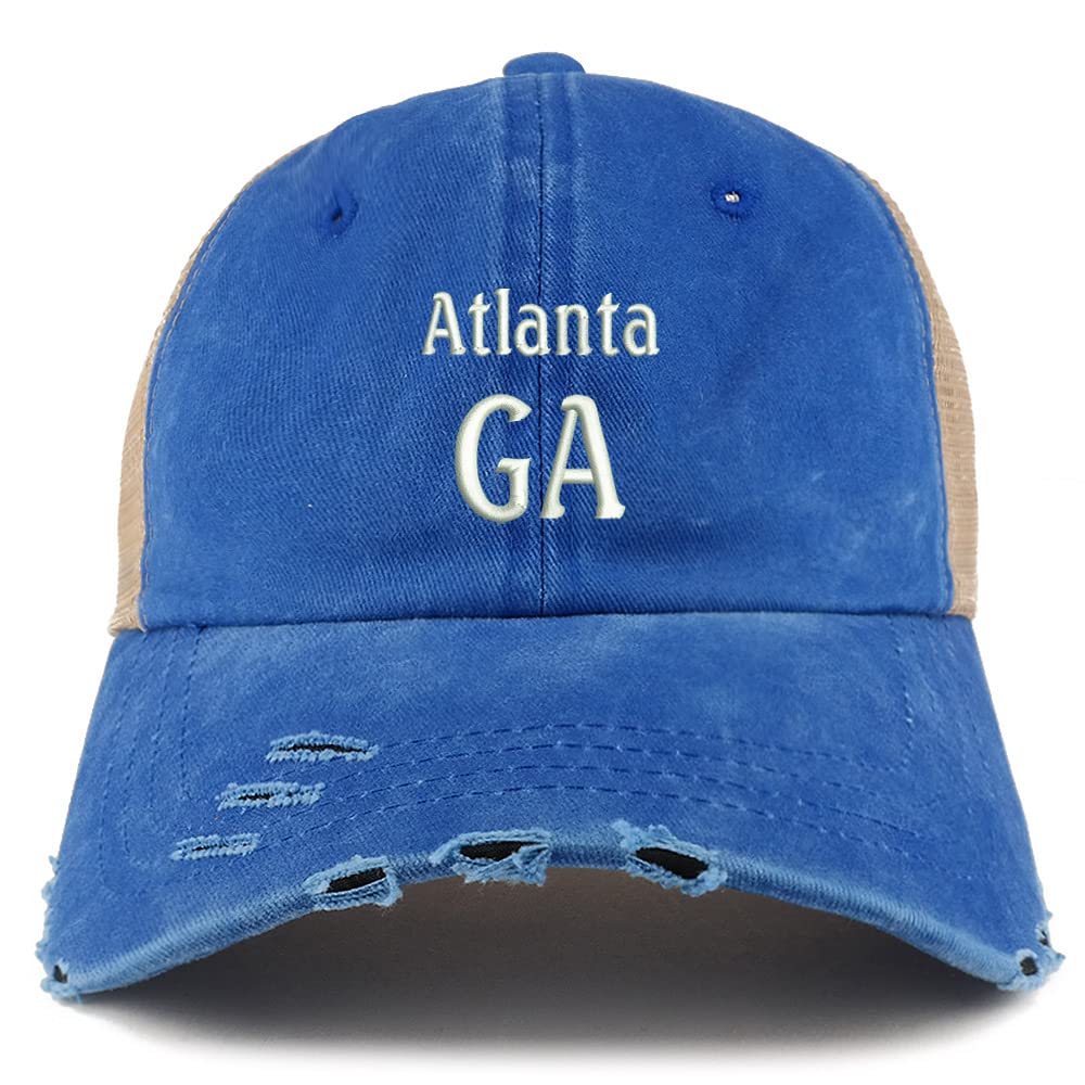 Trendy Apparel Shop Atlanta GA Embroidered Frayed Bill Trucker Mesh Back Cap