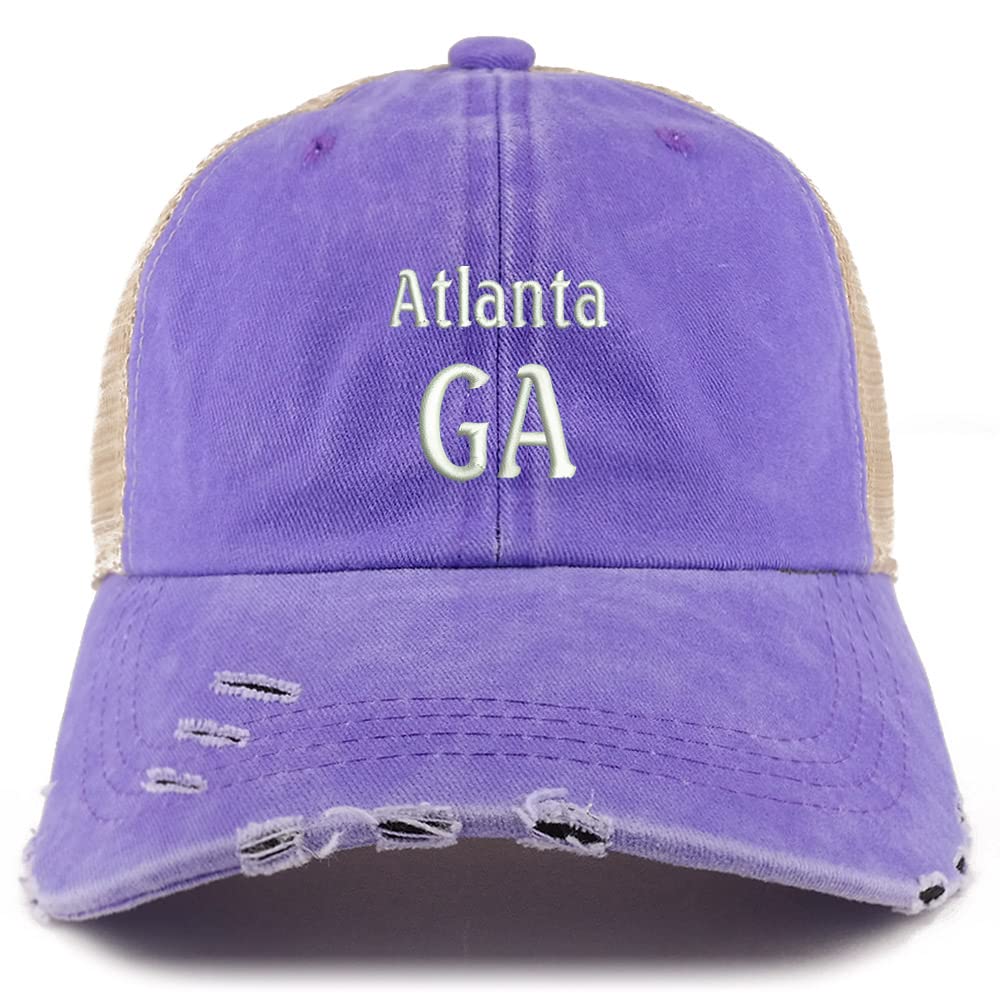 Trendy Apparel Shop Atlanta GA Embroidered Frayed Bill Trucker Mesh Back Cap