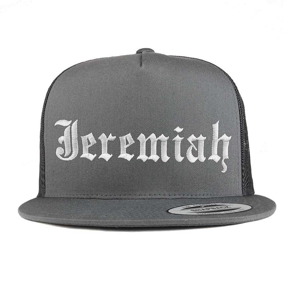 Trendy Apparel Shop Jeremiah Old English 5 Panel Flatbill Trucker Cap
