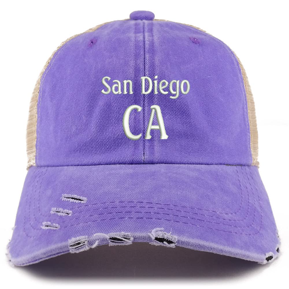 Trendy Apparel Shop San Diego CA Embroidered Frayed Bill Trucker Mesh Back Cap