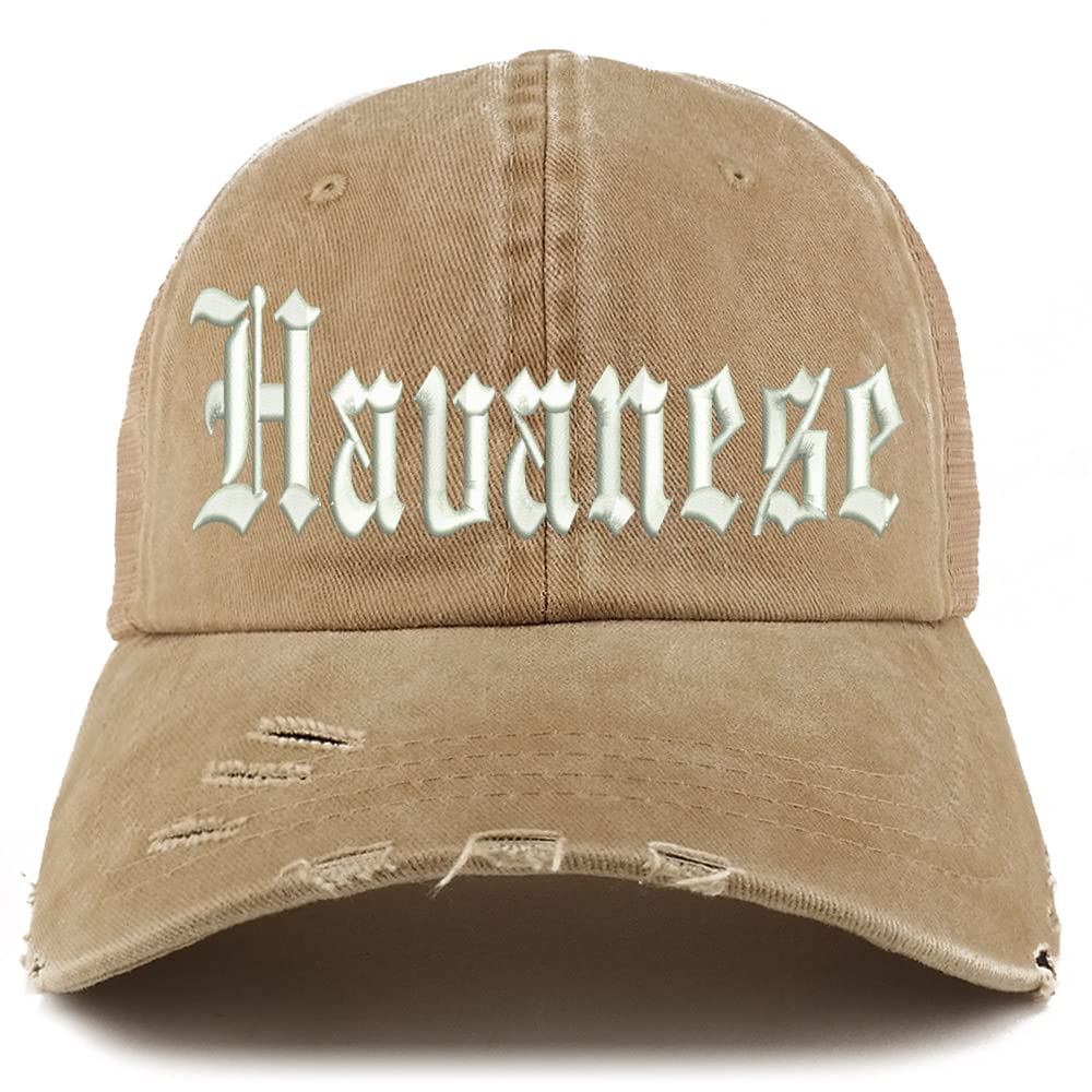 Trendy Apparel Shop Old English Havanese Frayed Bill Trucker Mesh Back Cap