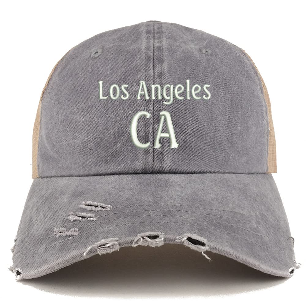 Trendy Apparel Shop Los Angeles CA Embroidered Frayed Bill Trucker Mesh Back Cap
