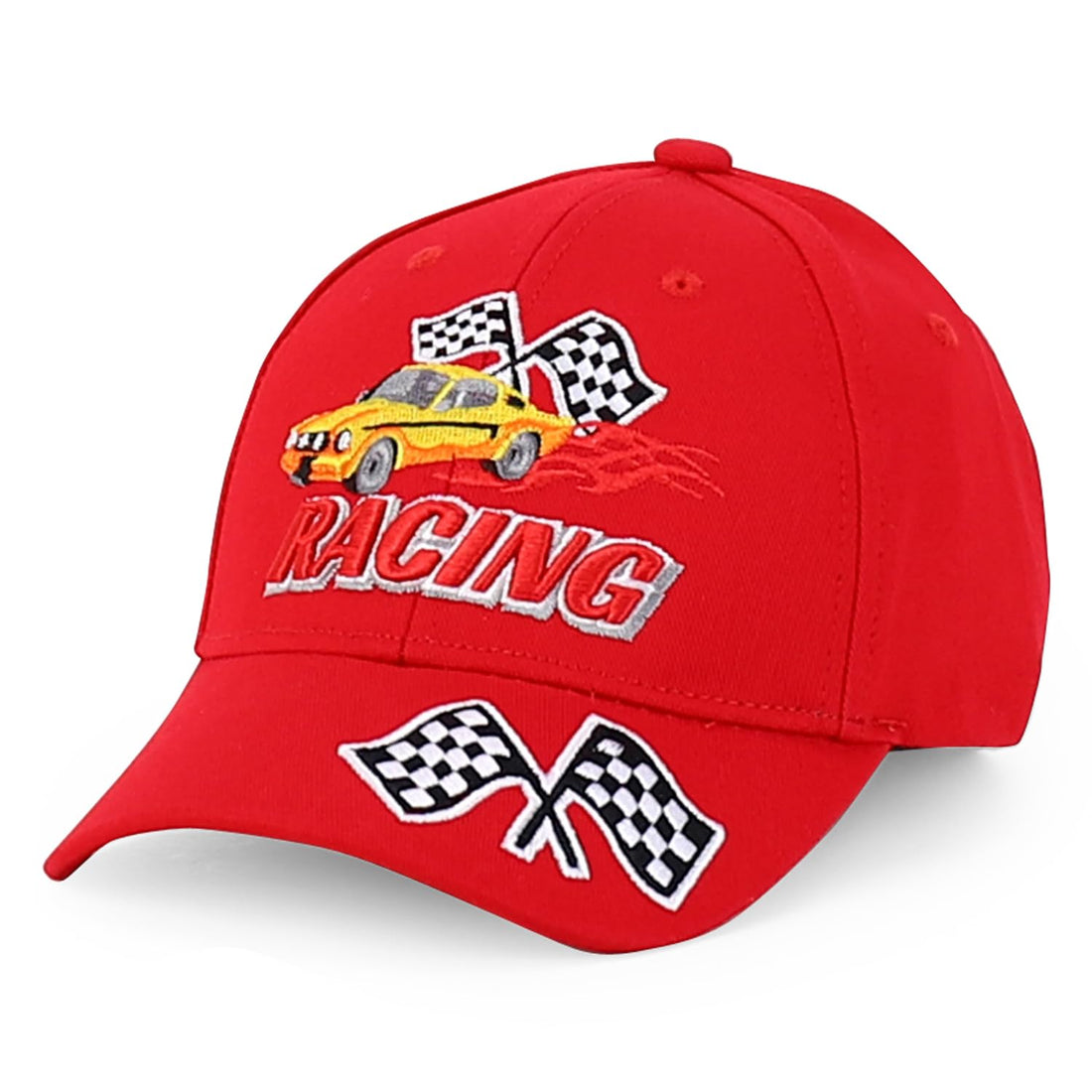 Trendy Apparel Shop Junior Kid Size Racing 3D Embroidered Flame Car Race Flag Baseball Cap - Red