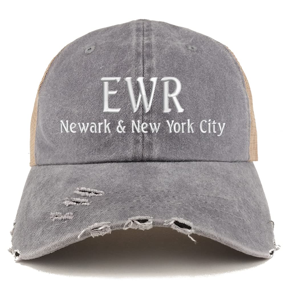 Trendy Apparel Shop EWR Newark and New York City Embroidered Frayed Bill Trucker Mesh Back Cap