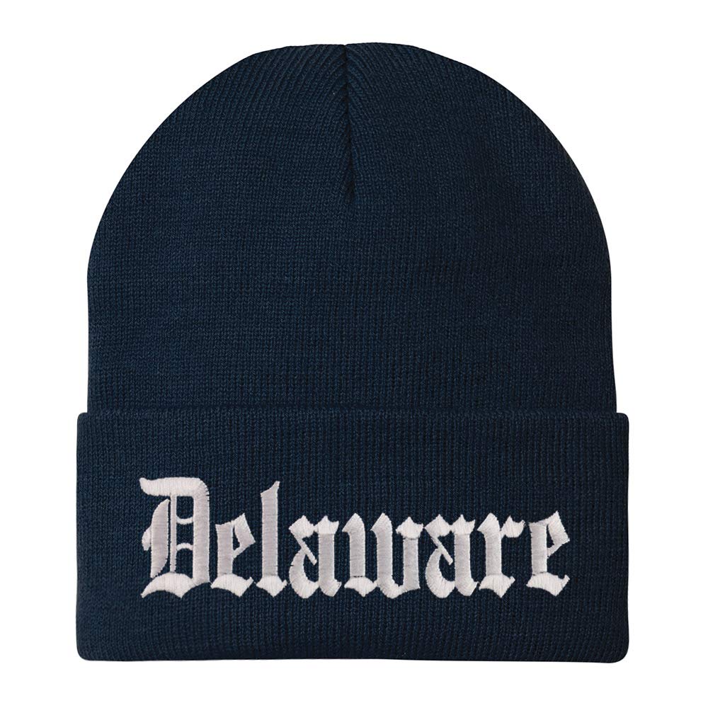 Trendy Apparel Shop Delaware State Old English Embroidered Long Cuff Beanie