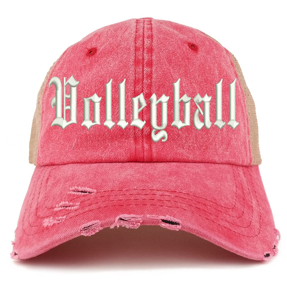 Trendy Apparel Shop Old English Volleyball Frayed Bill Trucker Mesh Back Cap