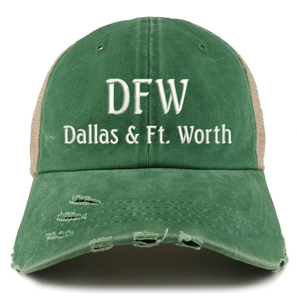 Trendy Apparel Shop DFW Dallas and Fort Worth Embroidered Frayed Bill Trucker Mesh Back Cap