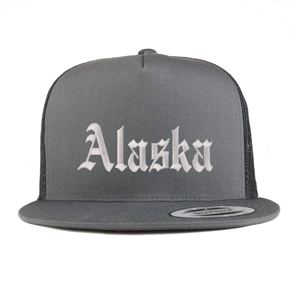 Trendy Apparel Shop Alaska State Old English 5 Panel Flatbill Trucker Mesh Cap