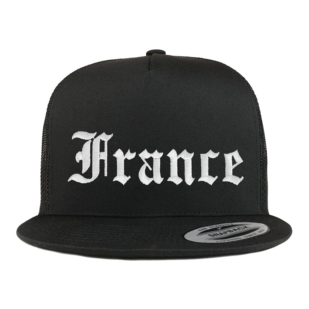Trendy Apparel Shop France Old English 5 Panel Flatbill Trucker Cap