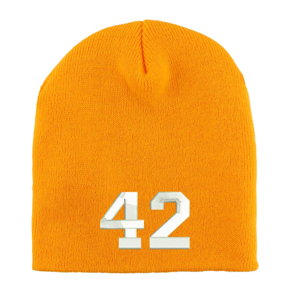 Trendy Apparel Shop Number 42 Collegiate Varsity Font Embroidered Made in USA Short Acrylic Knit Winter Beanie Hat