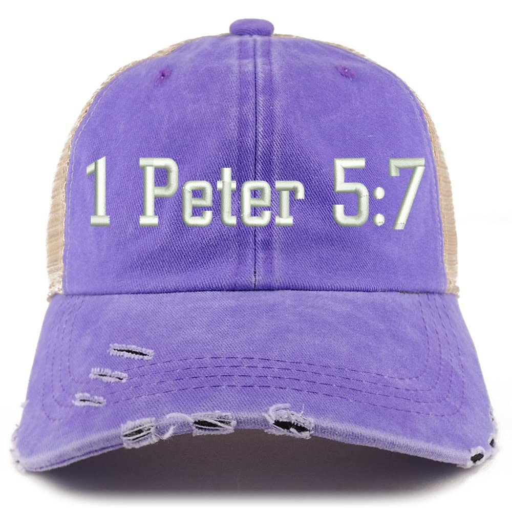 Trendy Apparel Shop 1 Peter 5:7 Frayed Bill Trucker Mesh Back Cap