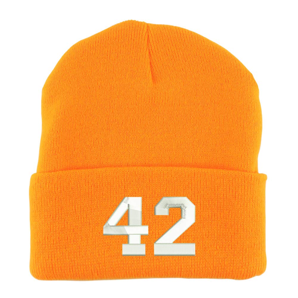 Trendy Apparel Shop Number 42 Collegiate Varsity Embroidered Made in USA Cuff Folded Acylic Knit Winter Beanie Hat
