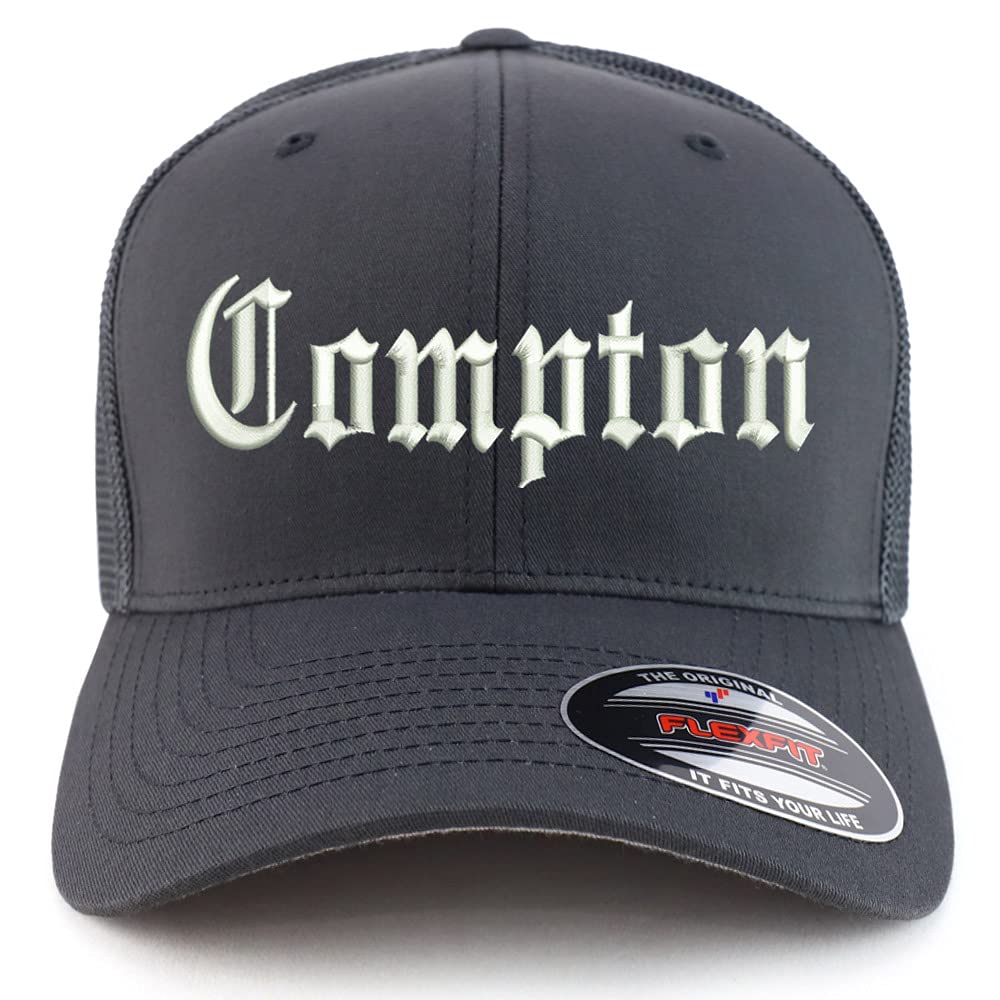 Trendy Apparel Shop Oversized XXL Compton City Old English Embroiderd Structured Fitted Trucker Mesh Cap