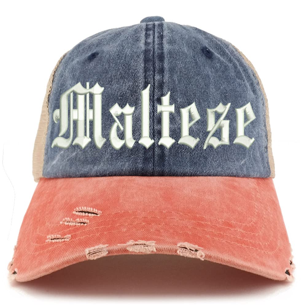 Trendy Apparel Shop Old English Maltese Frayed Bill Trucker Mesh Back Cap