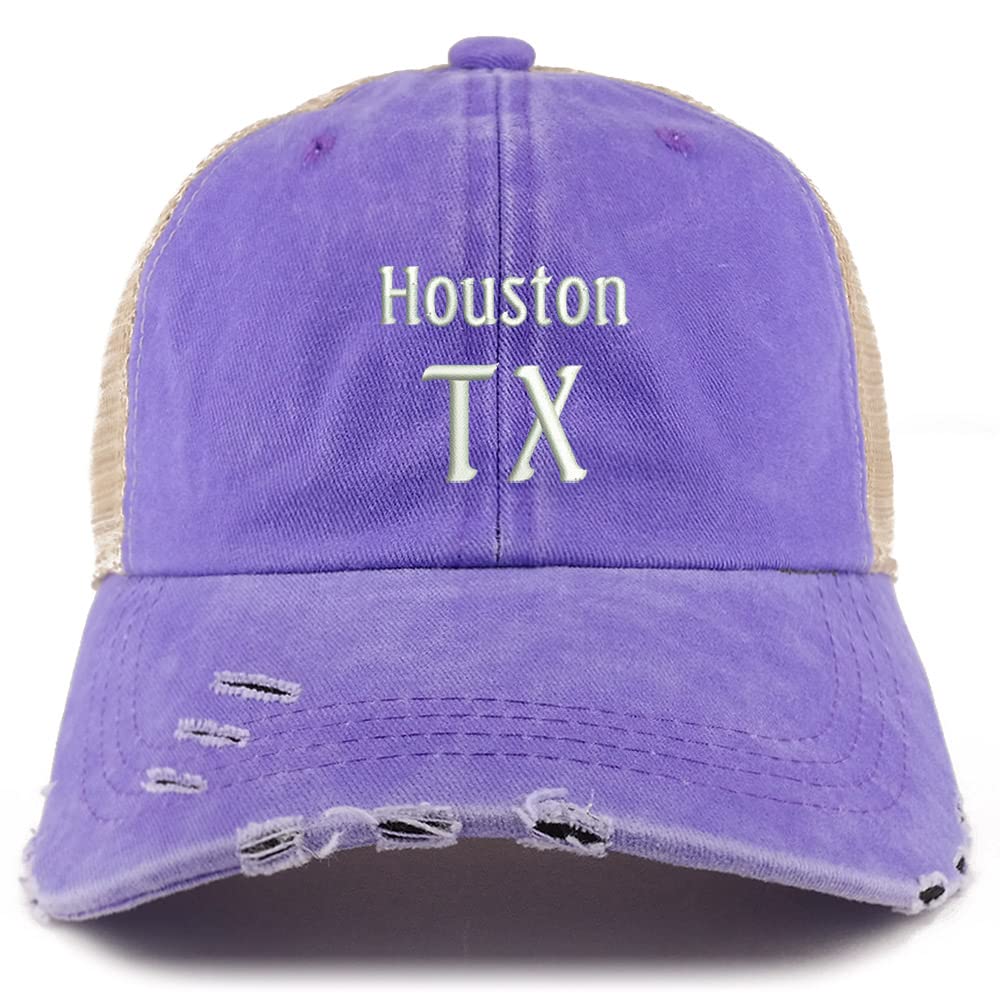 Trendy Apparel Shop Houston TX Embroidered Frayed Bill Trucker Mesh Back Cap