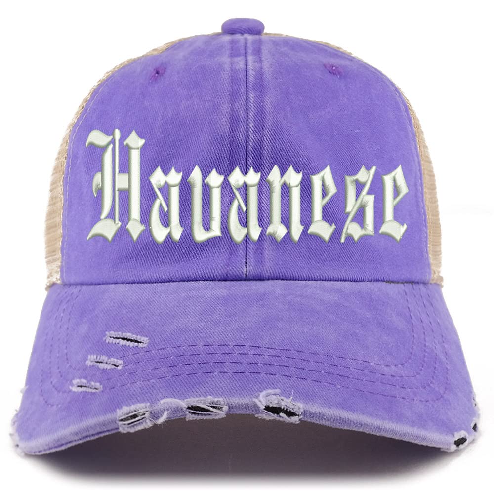Trendy Apparel Shop Old English Havanese Frayed Bill Trucker Mesh Back Cap