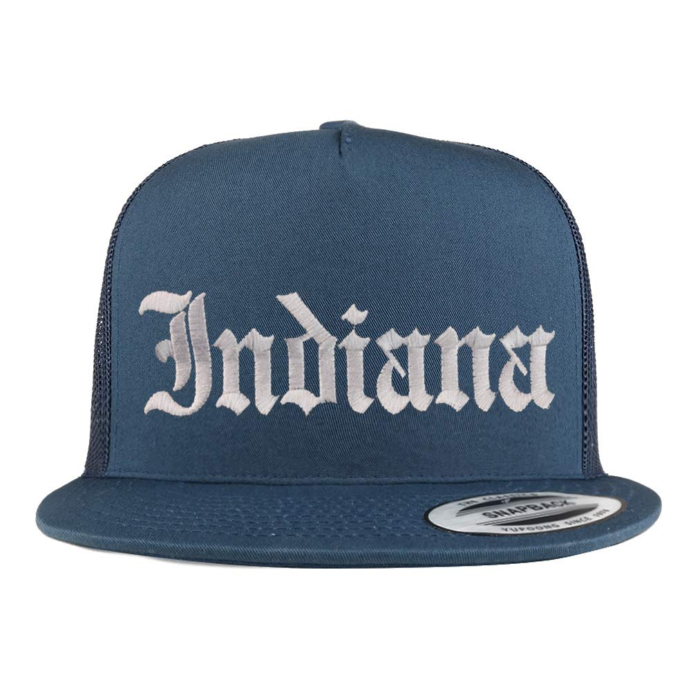 Trendy Apparel Shop Indiana State Old English 5 Panel Flatbill Trucker Mesh Cap