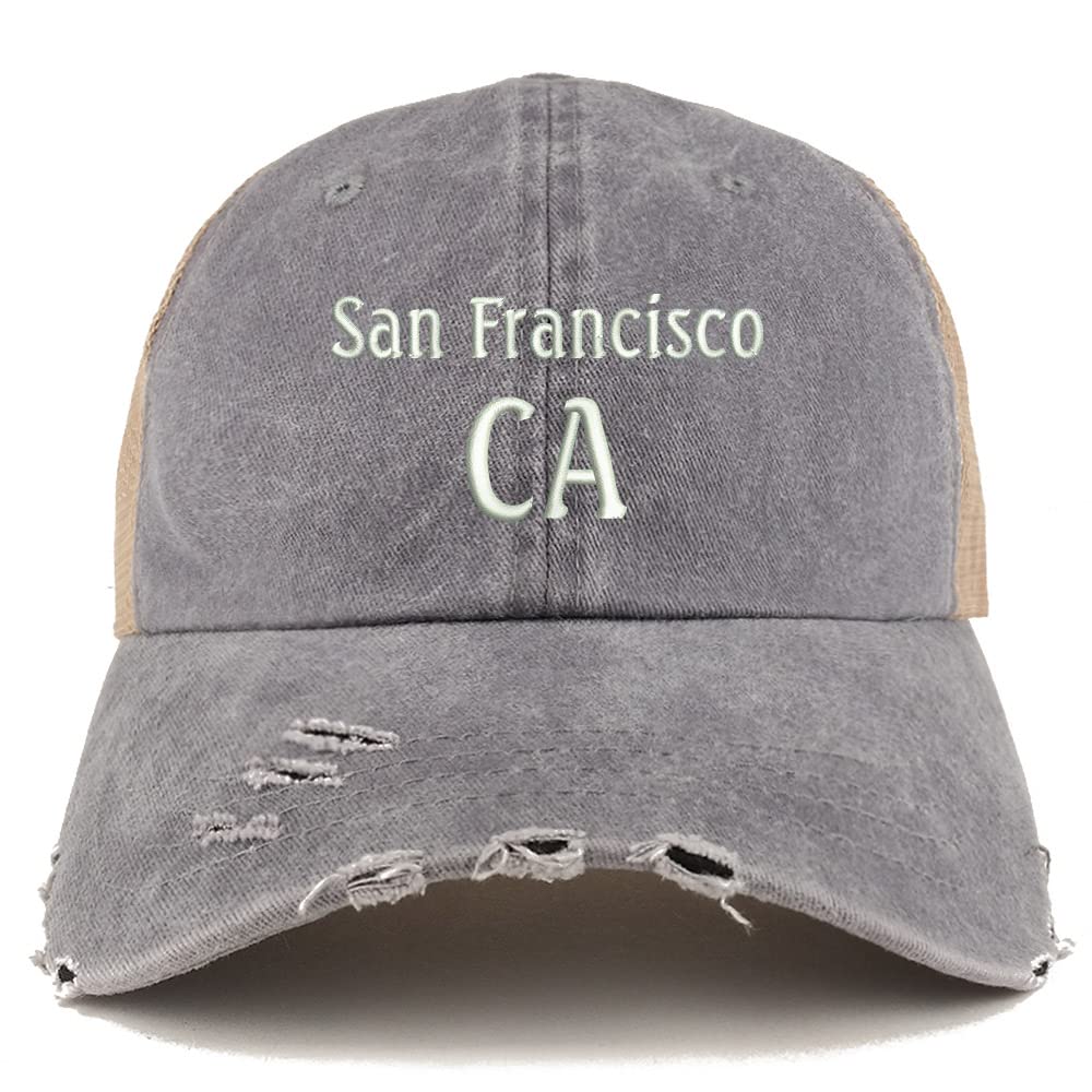 Trendy Apparel Shop San Francisco CA Embroidered Frayed Bill Trucker Mesh Back Cap