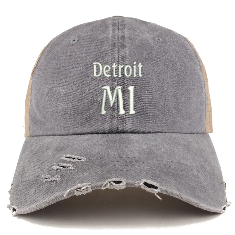 Trendy Apparel Shop Detroit MI Embroidered Frayed Bill Trucker Mesh Back Cap