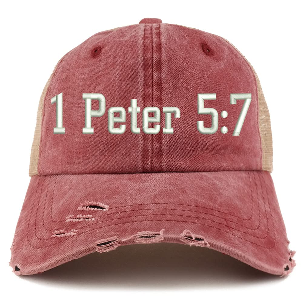 Trendy Apparel Shop 1 Peter 5:7 Frayed Bill Trucker Mesh Back Cap