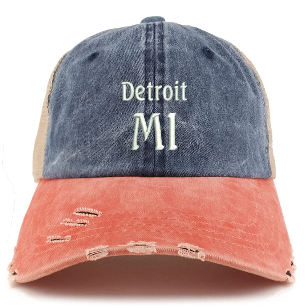 Trendy Apparel Shop Detroit MI Embroidered Frayed Bill Trucker Mesh Back Cap