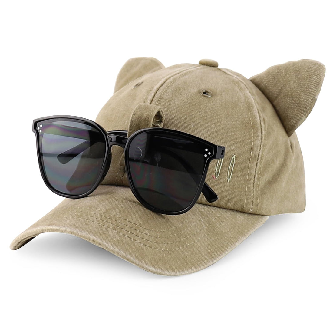Trendy Apparel Shop Washed Cotton Cat Ear Baseball Cap with Sunglasses Holder