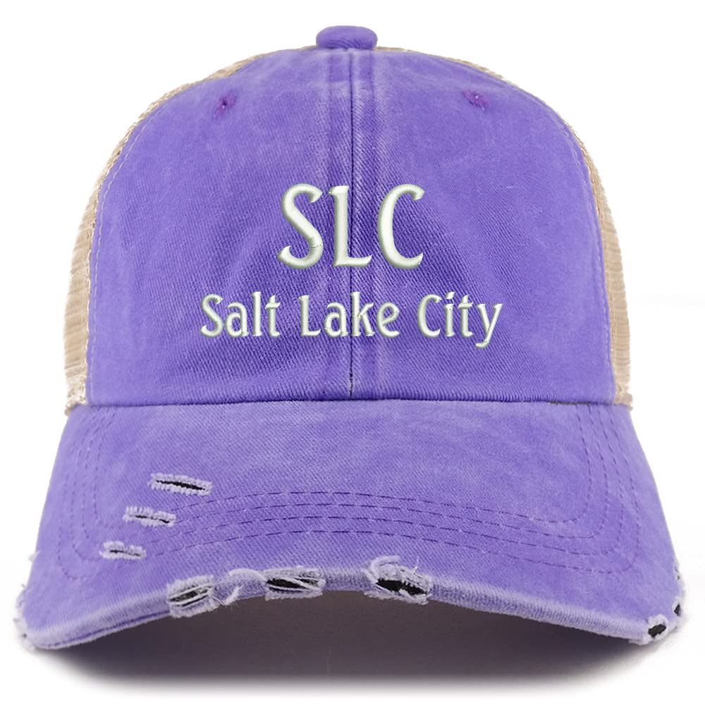 Trendy Apparel Shop SLC Salt Lake City Embroidered Frayed Bill Trucker Mesh Back Cap