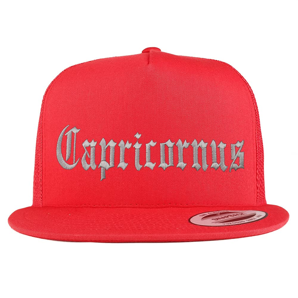Trendy Apparel Shop Capricornus Old English 5 Panel Flatbill Trucker Cap