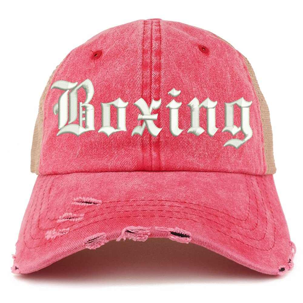 Trendy Apparel Shop Old English Boxing Frayed Bill Trucker Mesh Back Cap
