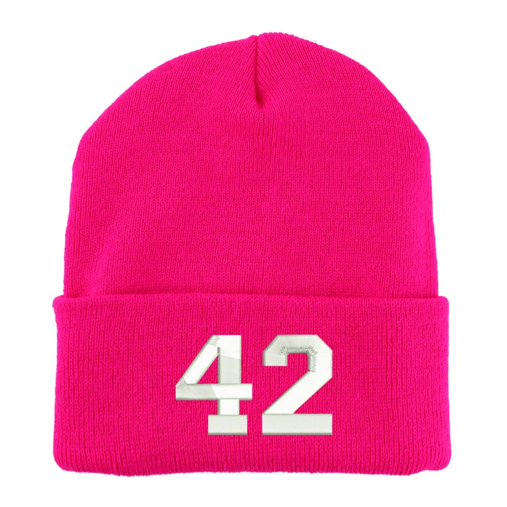 Trendy Apparel Shop Number 42 Collegiate Varsity Embroidered Made in USA Cuff Folded Acylic Knit Winter Beanie Hat