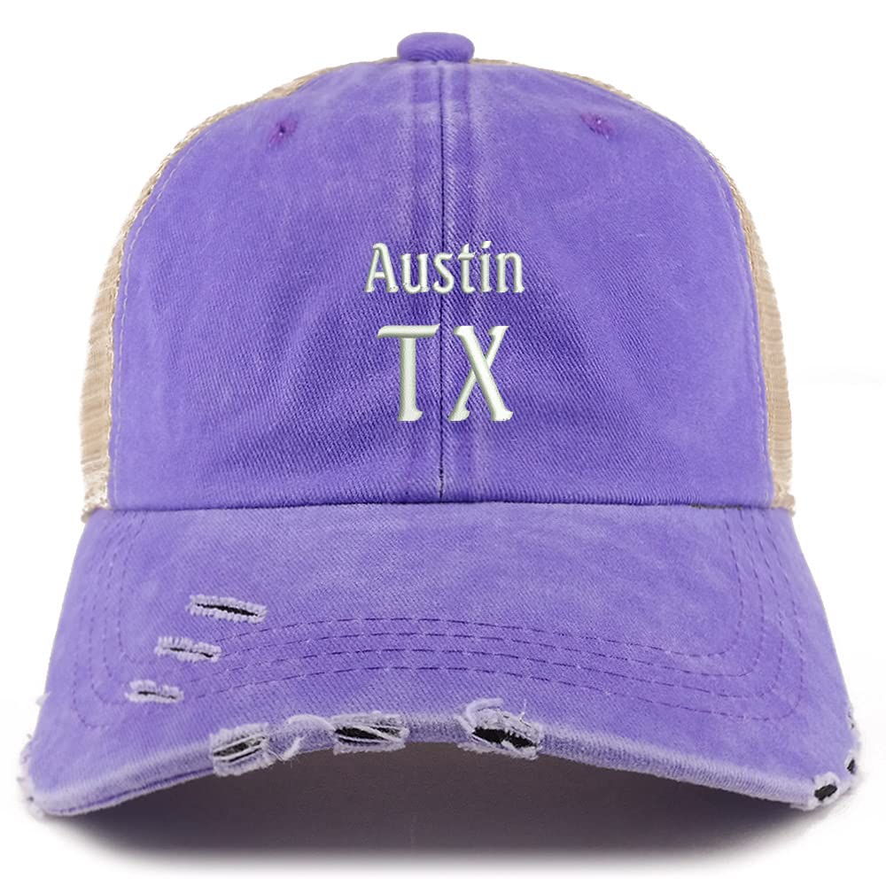 Trendy Apparel Shop Austin TX Embroidered Frayed Bill Trucker Mesh Back Cap