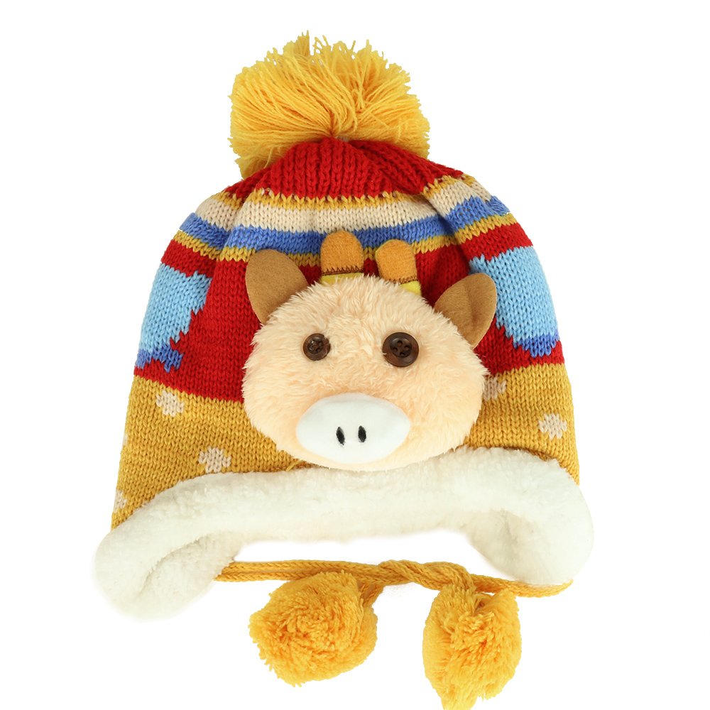Trendy Apparel Shop Toddler Size Winter Pom Pom Beanie with Animal Doll Head