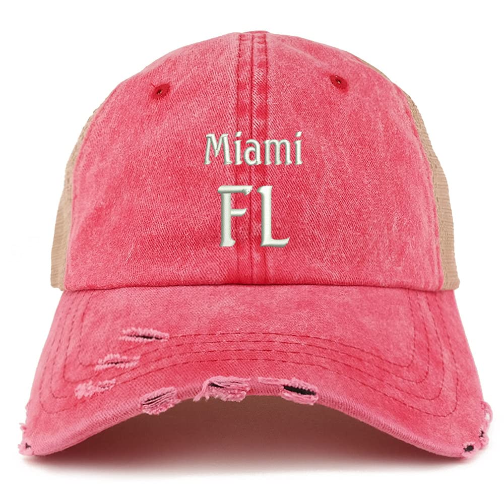 Trendy Apparel Shop Miami FL Embroidered Frayed Bill Trucker Mesh Back Cap