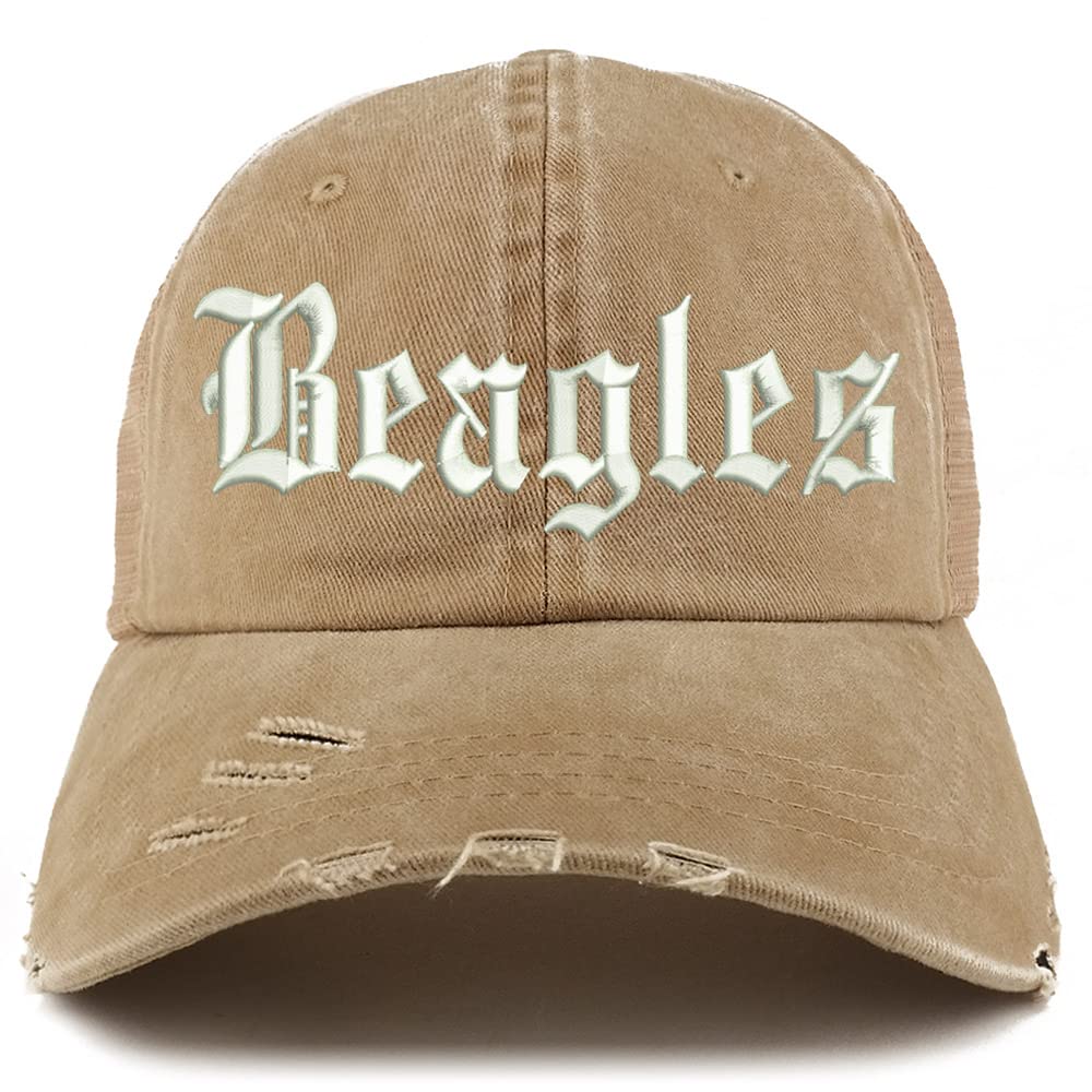 Trendy Apparel Shop Old English Beagles Frayed Bill Trucker Mesh Back Cap