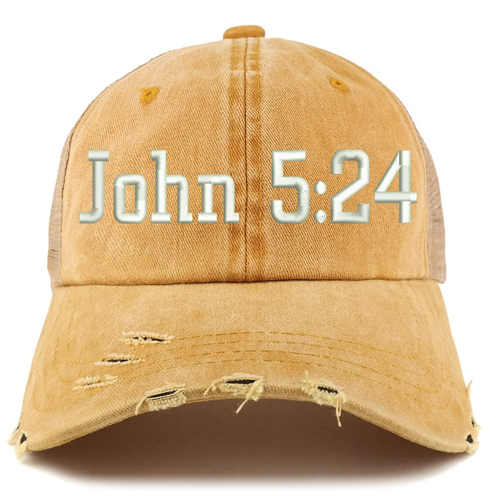 Trendy Apparel Shop John 5:24 Frayed Bill Trucker Mesh Back Cap