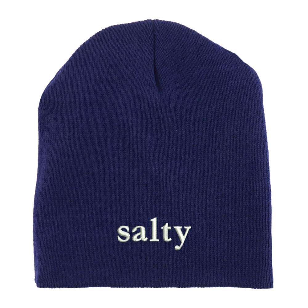Trendy Apparel Shop Salty Embroidered Made in USA Short Acrylic Knit Winter Beanie Hat