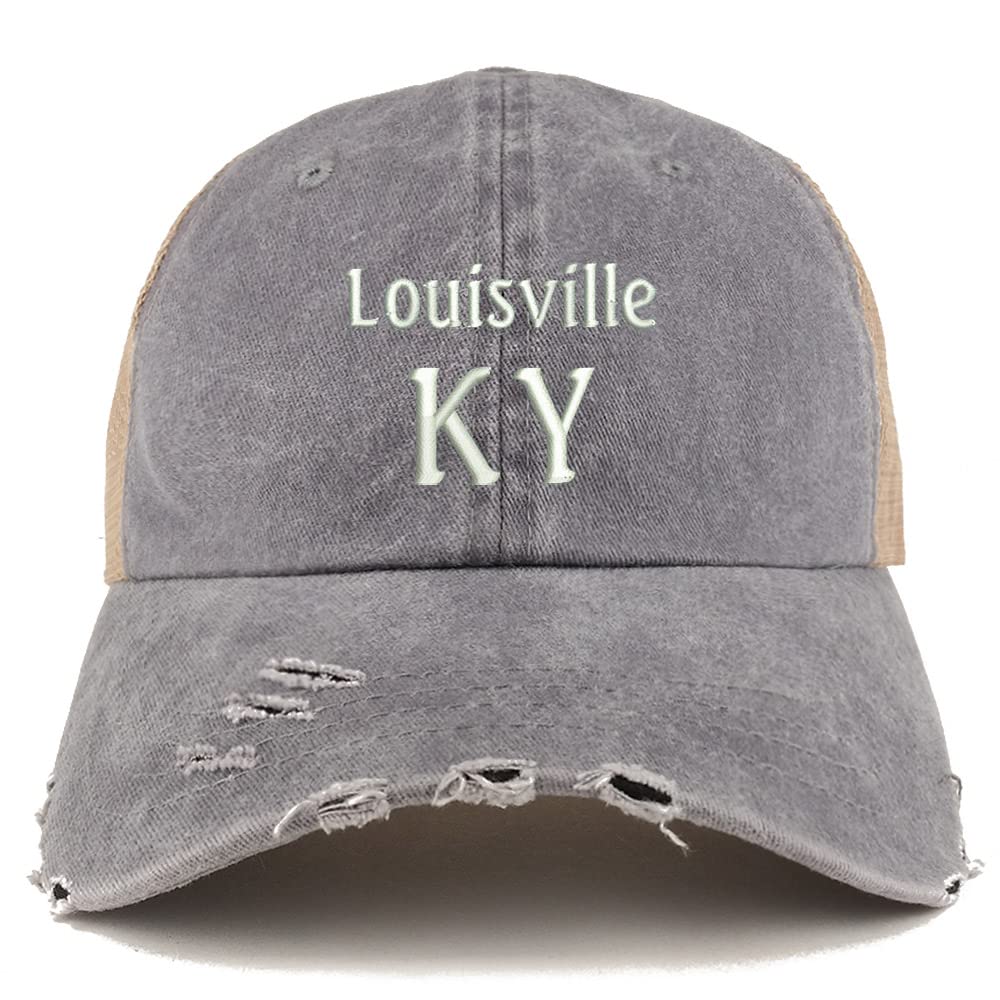 Trendy Apparel Shop Louisville KY Embroidered Frayed Bill Trucker Mesh Back Cap