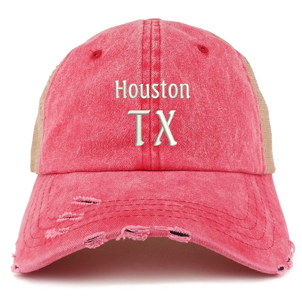 Trendy Apparel Shop Houston TX Embroidered Frayed Bill Trucker Mesh Back Cap