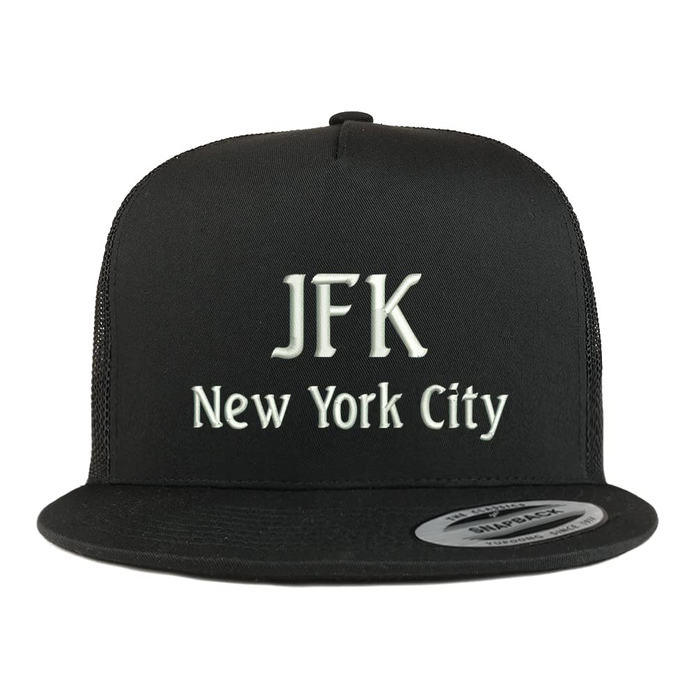 Trendy Apparel Shop JFK New York City Embroidered 5 Panel Flatbill Trucker Cap