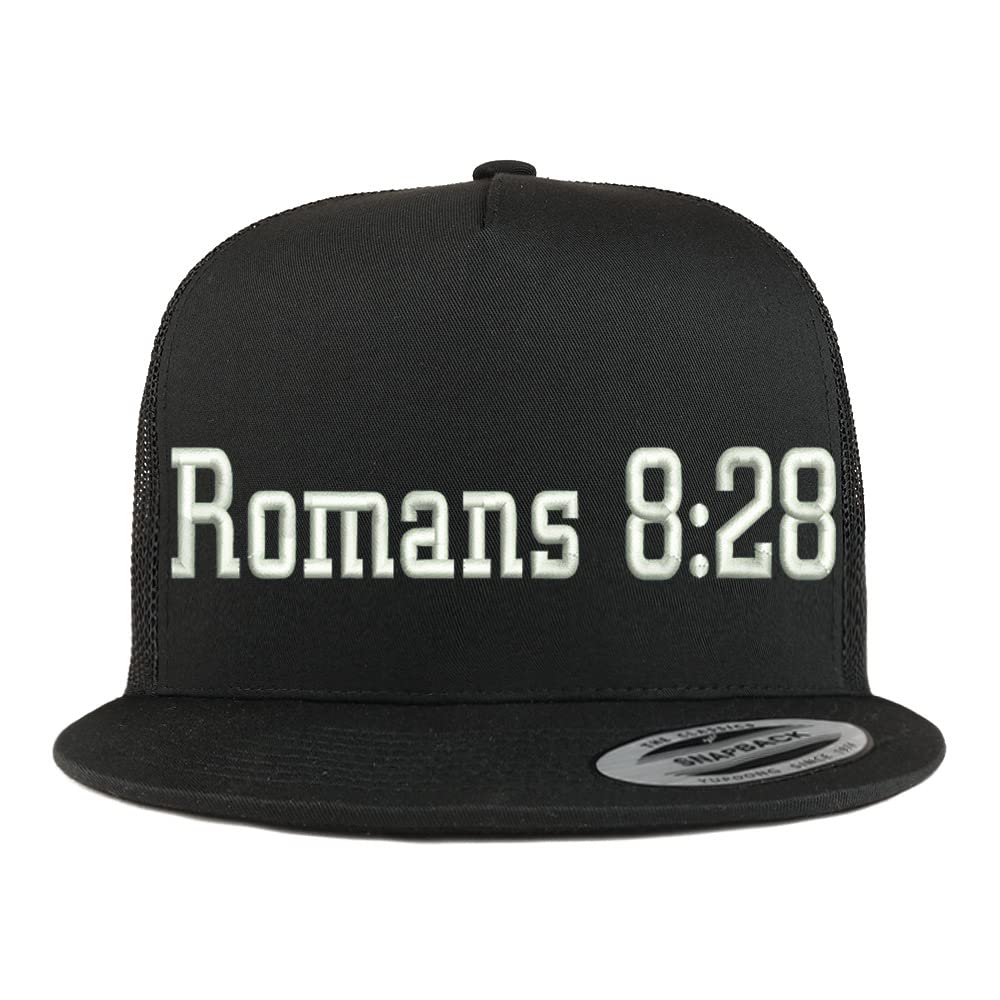Trendy Apparel Shop Romans 8:28 5 Panel Flatbill Trucker Cap