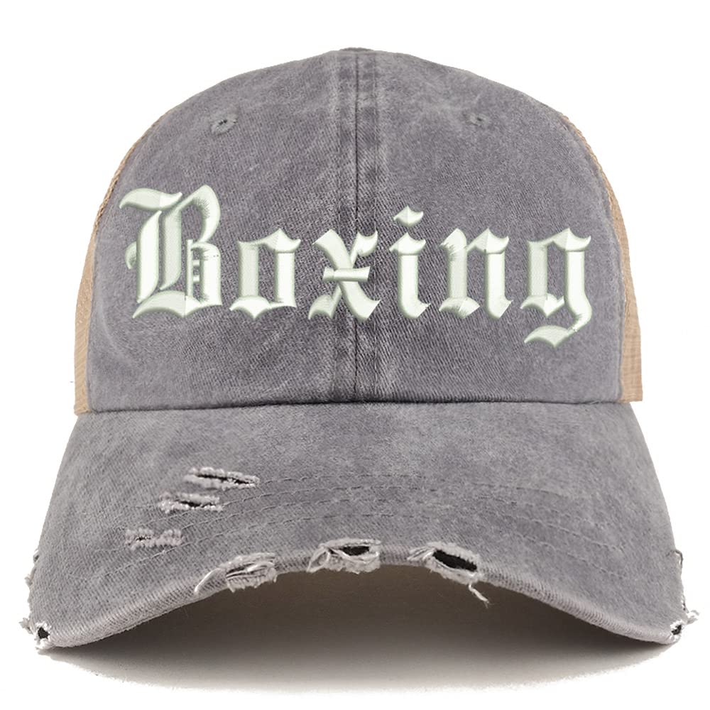 Trendy Apparel Shop Old English Boxing Frayed Bill Trucker Mesh Back Cap